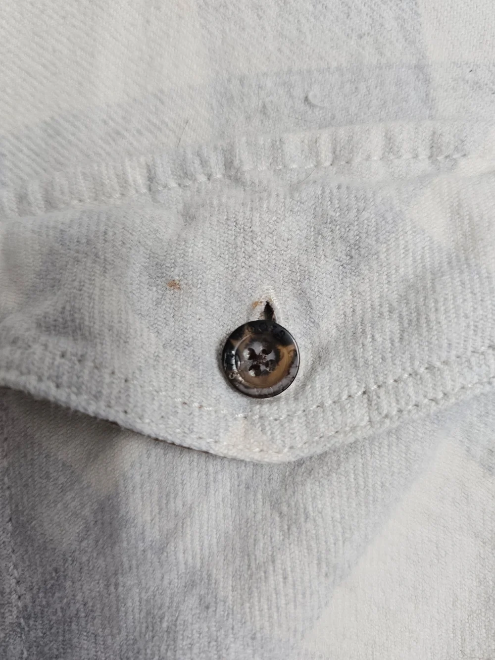 Roots Light Grey & White Plaid Button-Up Shirt with Brown Elbow Patches - Picture 6 of 7